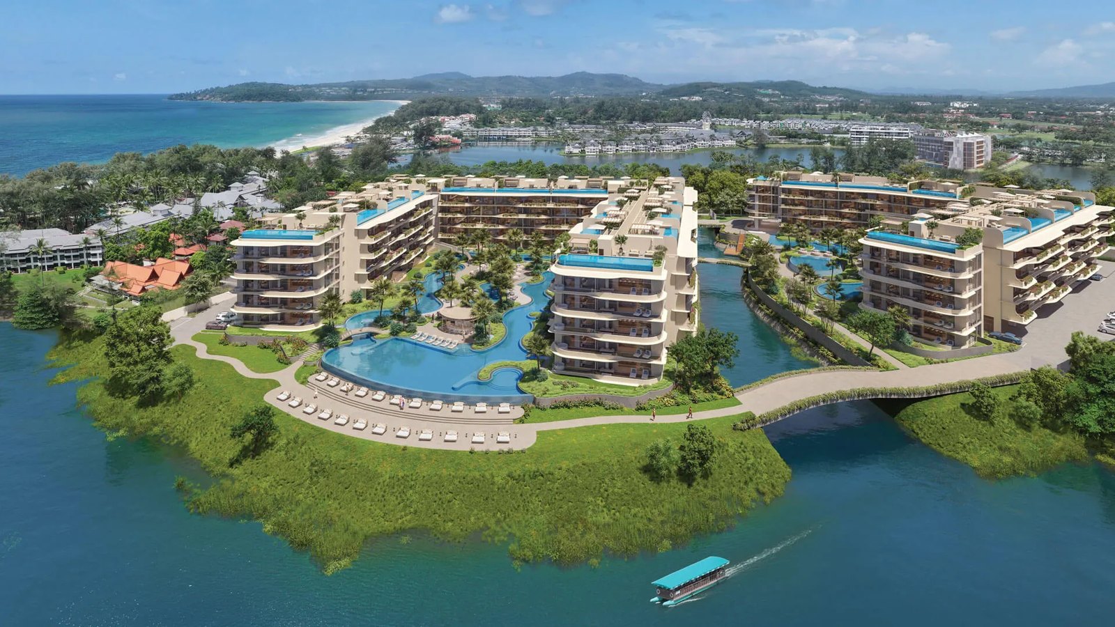 Laguna Bayside — exterior rendering at dusk